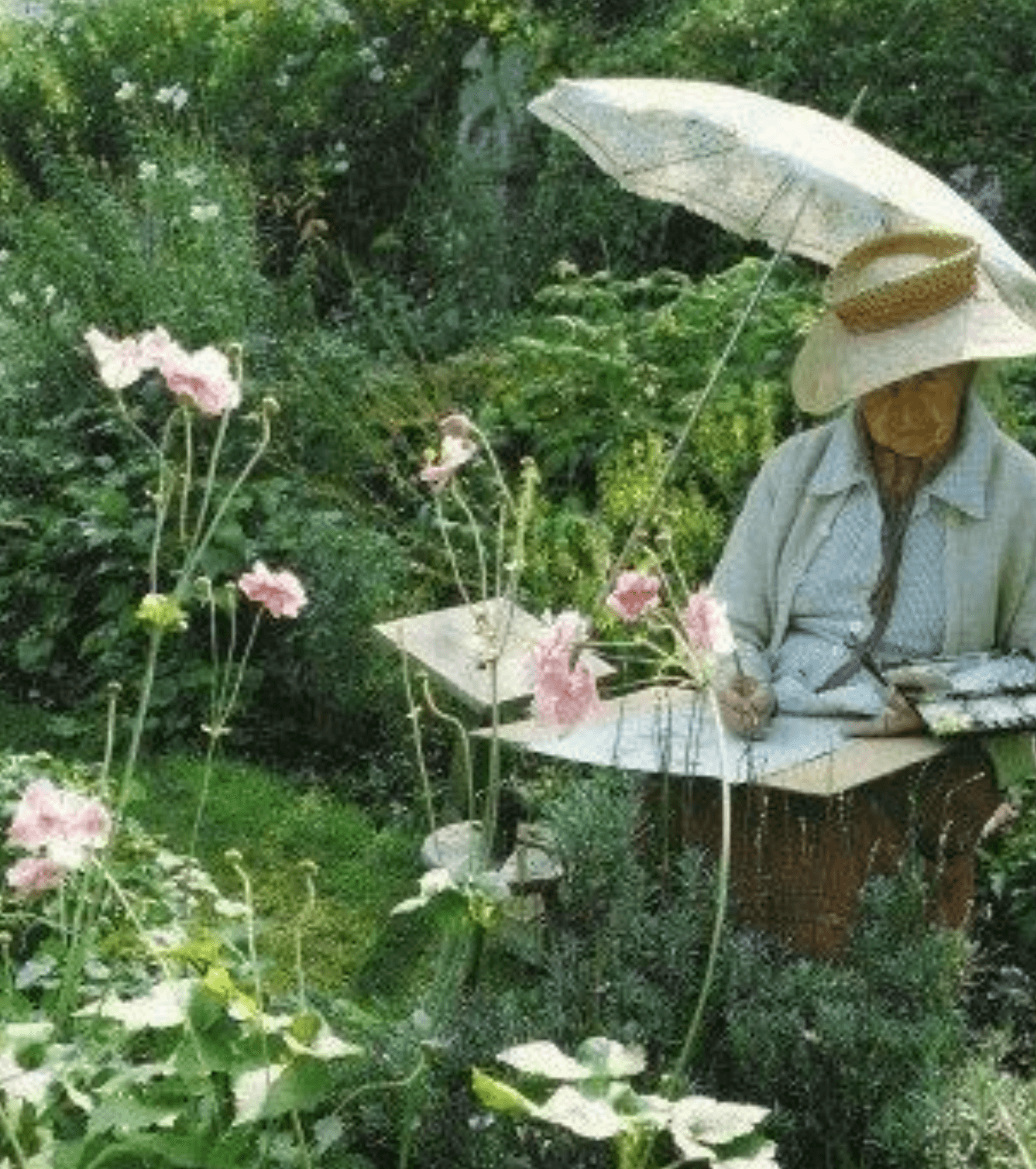An elder woman tending her garden at dusk